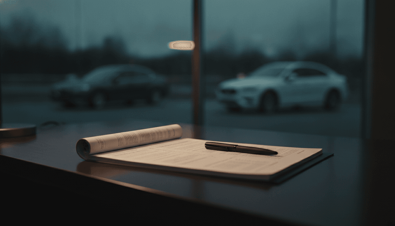 A printed written diagnostic and pen on a desk, a dealership softly blurred through the glass behind