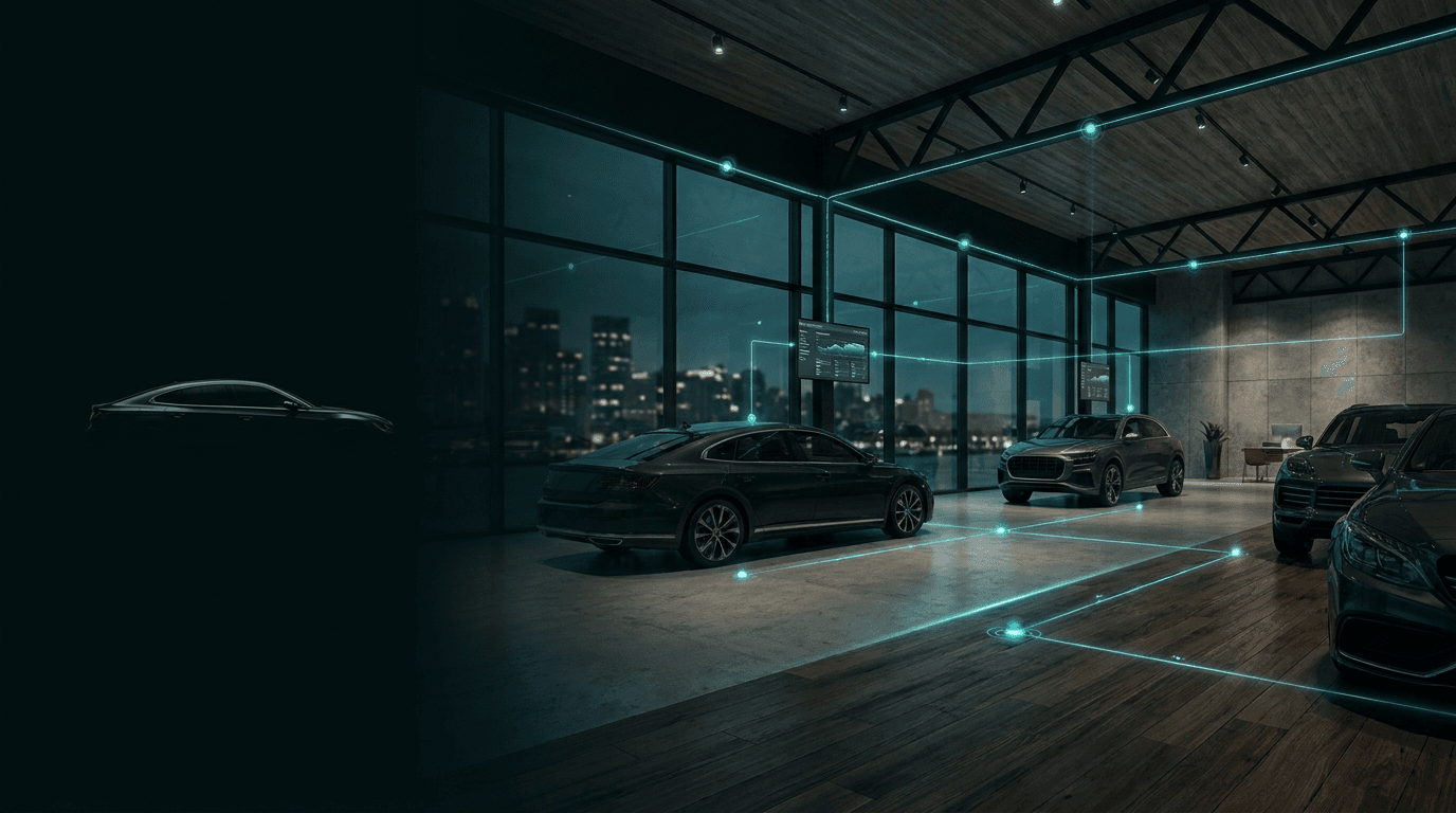 Dealership showroom at night with teal data-lines tracing the floor and connecting the cars and systems