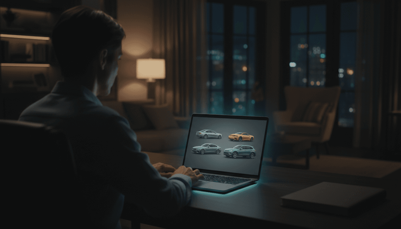 A person at home in the evening browsing vehicles on a laptop, an in-market shopper no dealer knows is looking yet