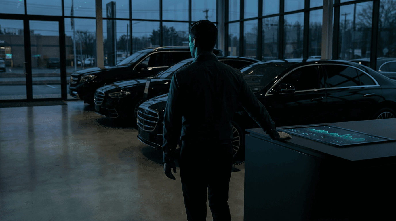The operator on the dealership floor among the inventory