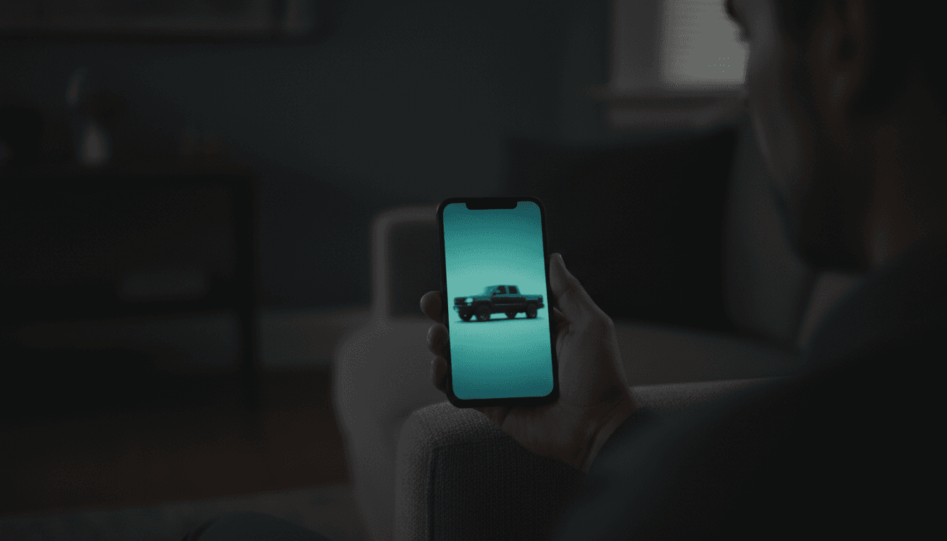 A customer at home late at night looking at a truck on a glowing phone, the text no one answered