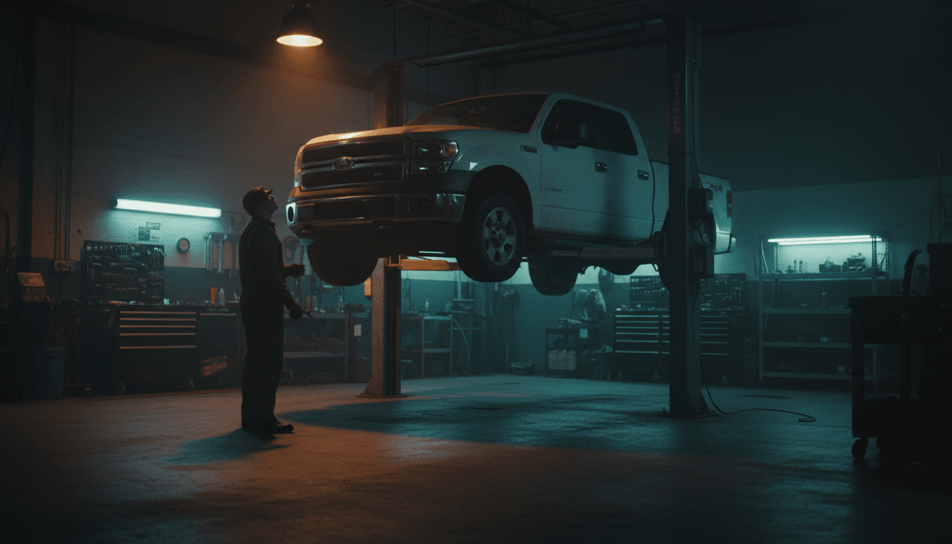 An everyday pickup on a service lift in a dealership bay under warm shop light late on a Friday afternoon