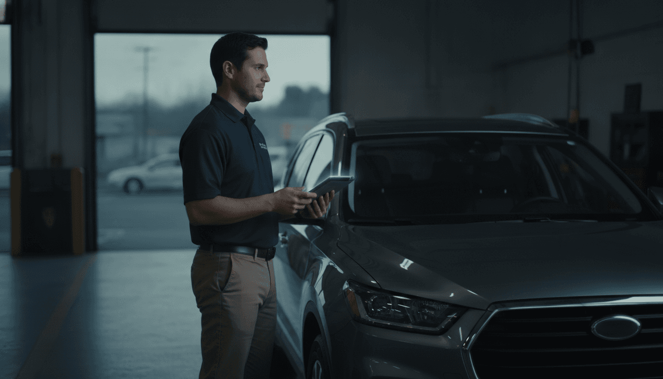 A service advisor in a polo beside a customer's SUV in the service lane at the start of the morning shift