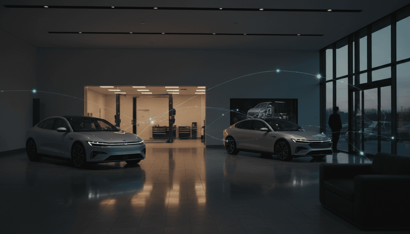 A dealership at dusk with the sales floor, service bay, and systems connected by threads of light