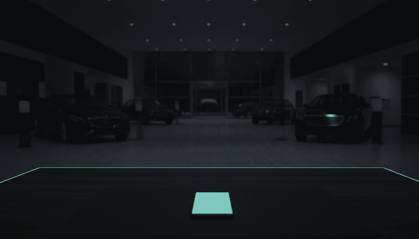 Late-night dealership desk with an unanswered customer text glowing on a phone
