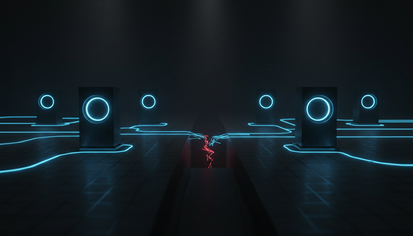 A dark studio floor with several black console towers, each lit from within by its own contained ring of blue light representing a system reporting only on itself, while the unlit gaps between the towers stay dark and unmeasured, one gap glowing faint red where a customer path has broken and fallen through