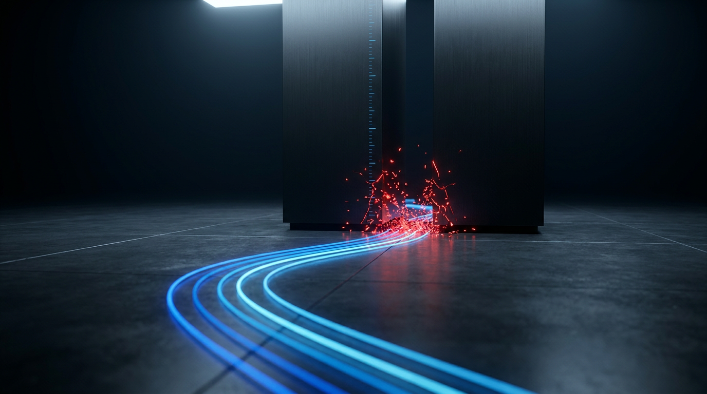A dark studio floor where a single glowing blue customer path runs toward the gap between two black console towers and breaks into red particles as it falls into the unlit space between them, with faint counting marks rising from the break like a meter measuring the loss, cinematic and diagrammatic
