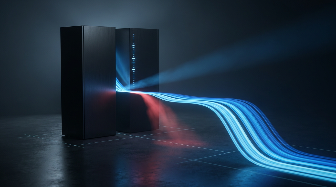 A dark studio floor showing a single glowing blue customer path crossing the seam between two black console towers, with small illuminated counting marks stacking beside the seam like a running tally, a portion of the path breaking into red where customers are dropped, the whole scene composed like a measurement being taken in light