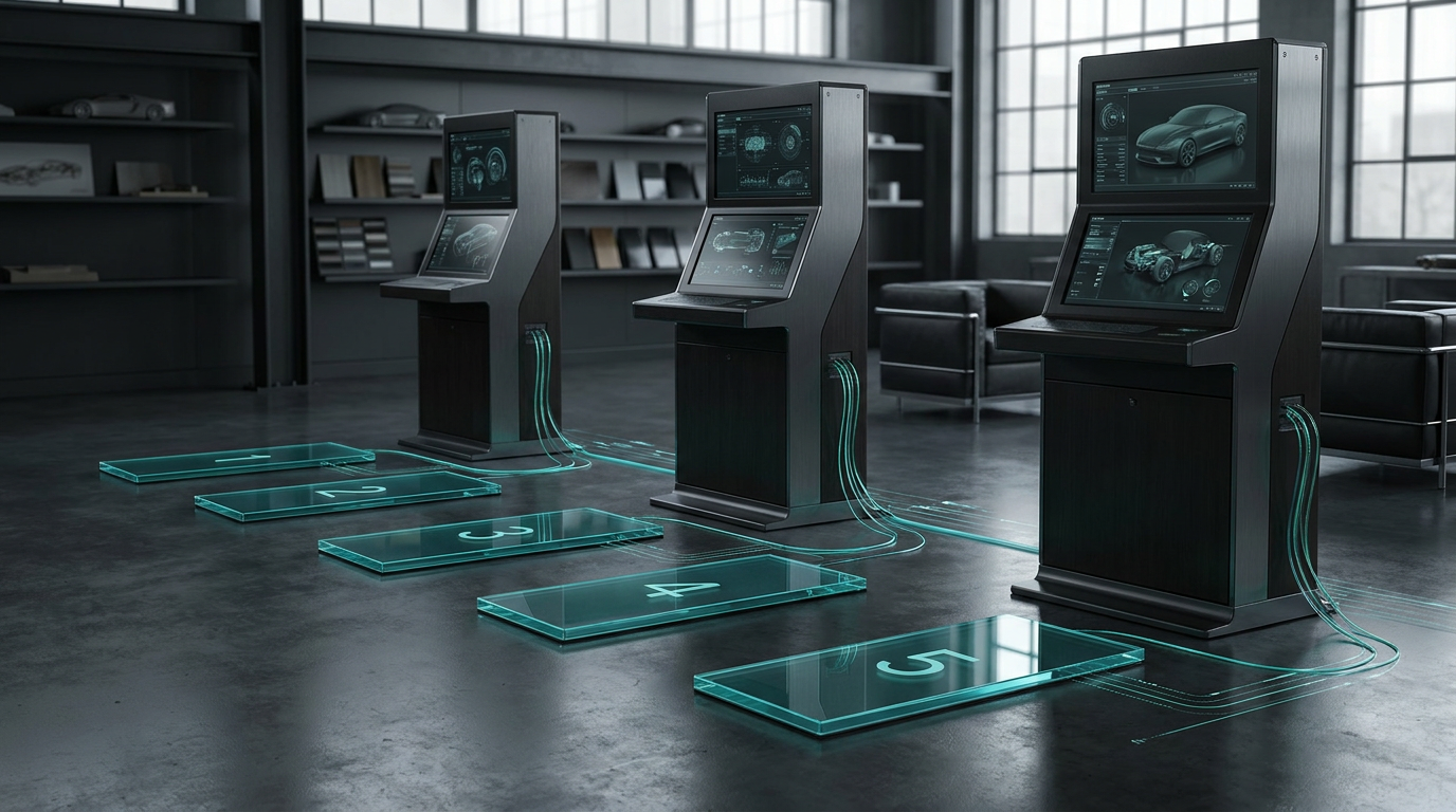 A numbered sequence of glowing teal footings laid in order across a dark studio floor, forming a foundation path that connects several dark dealership console towers from left to right