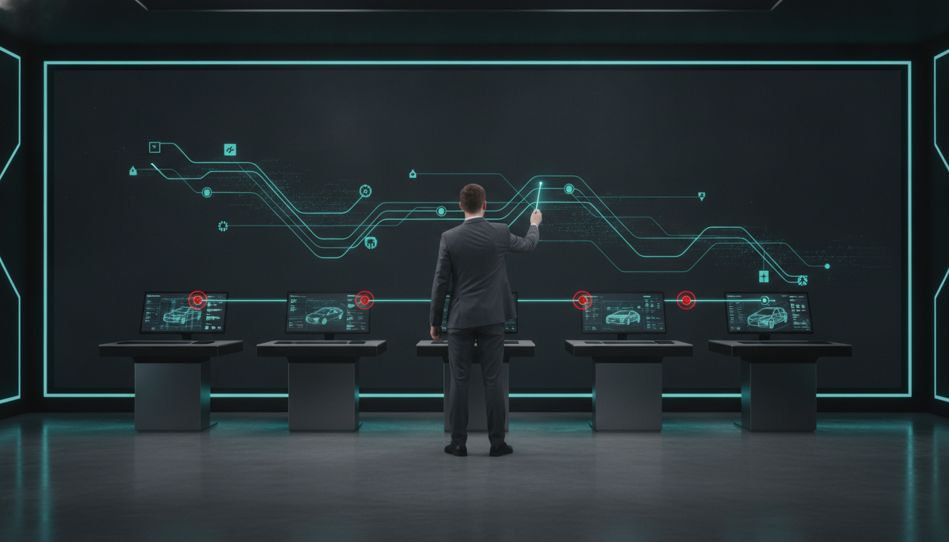 An operator standing before a dark wall-sized diagram, walking a single glowing teal customer thread across a row of dealership consoles and marking the gaps between them with small red markers before anything is wired