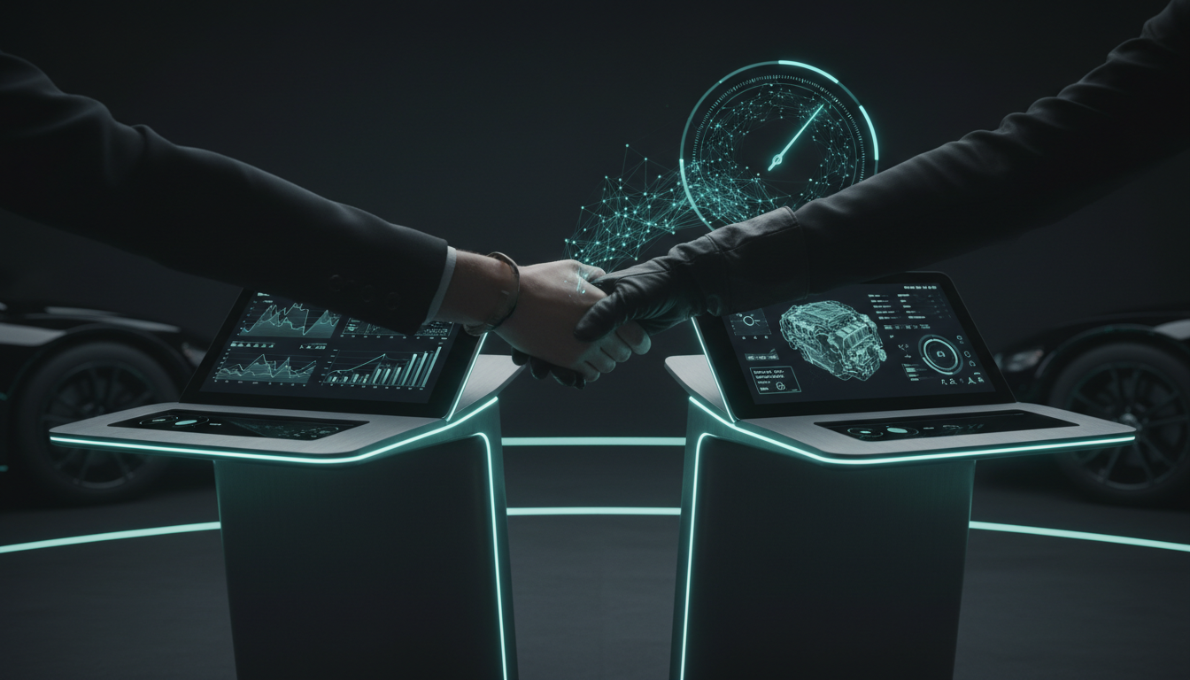 A single glowing teal metric needle moving upward on a dark instrument gauge above one freshly connected handoff between two dealership consoles, confirming the fix moved a real number before the next seam is touched