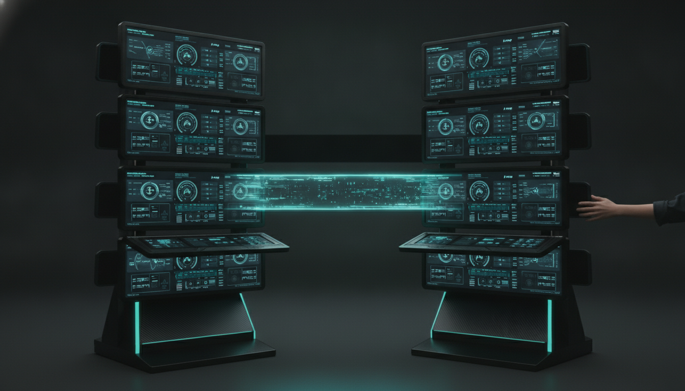 A single dark handoff gap between two dealership consoles being closed by one clean teal connective bridge, while the rest of the stack stays untouched and dim in the background