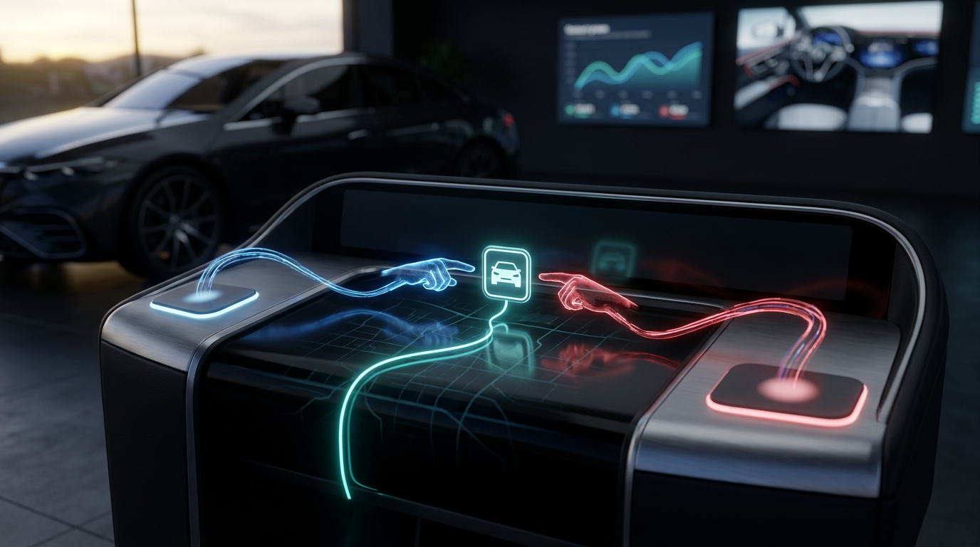 A dark console lit by teal-cyan light with two glowing hands, one blue and one red, reaching from opposite sides toward the same single lit point of credit at a car sale, a showroom and CRM screens blurred behind, the question of who gets to claim the result