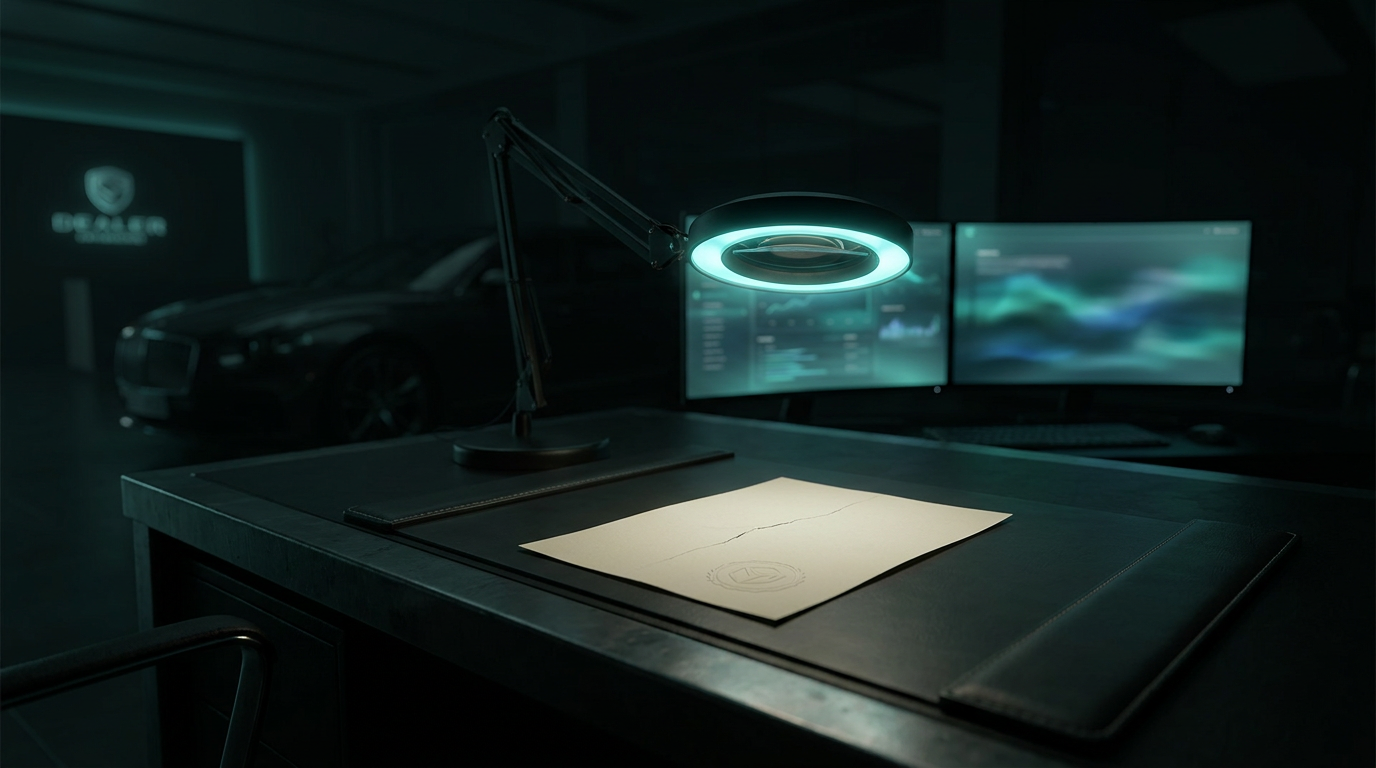 A dark dealership office desk lit by a teal-cyan ring light, a single unmarked document under a magnifier glass revealing a faint hairline crack running through it, DMS and CRM console screens glowing softly in the blurred showroom background