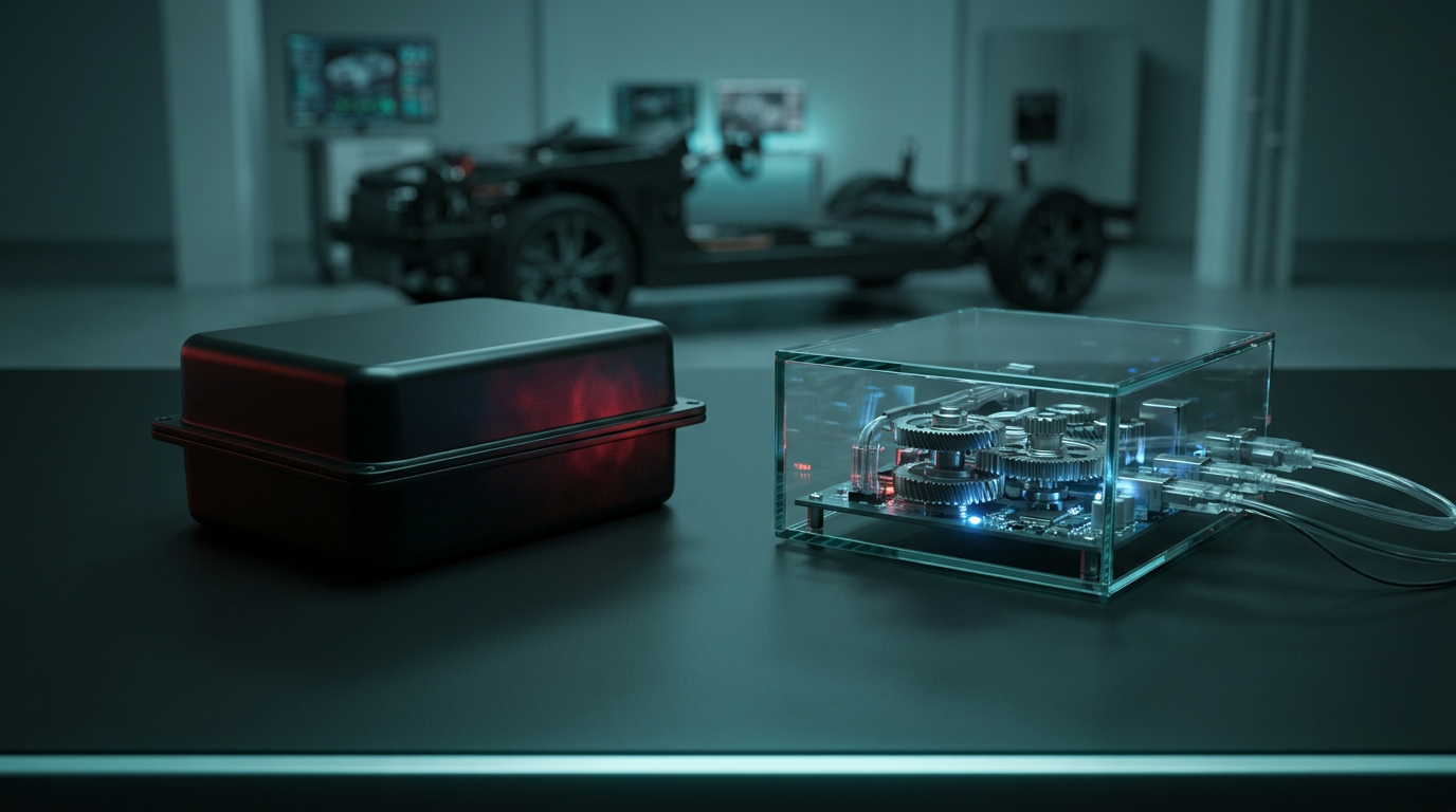 A sealed opaque black box glowing faintly red beside an open transparent glass box revealing clean glowing blue internal mechanisms, on a dark studio floor with teal-cyan light, a showroom vehicle behind, an outcome you must trust versus a method you can inspect