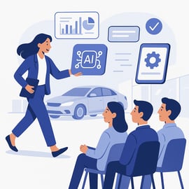 A clean modern digital illustration showing a confident technology vendor man or woman presenting a new AI tool to a dealership team Include floating interface elements like data dashboards checkmarks or tablet screens The vendor should be in motion A clean modern digital illustration showing a confident technology vendor man or woman presenting a new AI tool to a dealership team Include floating interface elements like data dashboards checkmarks or tablet screens The vendor should be in motion