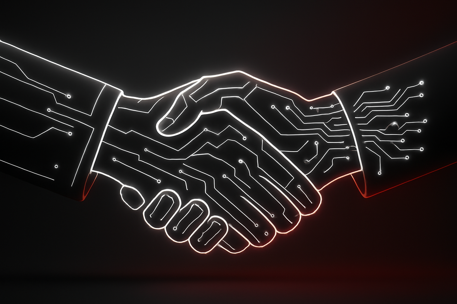 A modern partnership handshake formed by glowing digital lines and AI circuits symbolizing collaboration and innovation Minimalist black and white bac-3