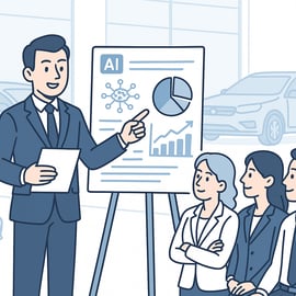 Flat vector illustration of a confident dealership manager presenting AI dashboard data to a small team of salespeople Background includes cars in a showroom Minimal color palette with clean outlines modern cartoon style Use soft blues grays and whit-1
