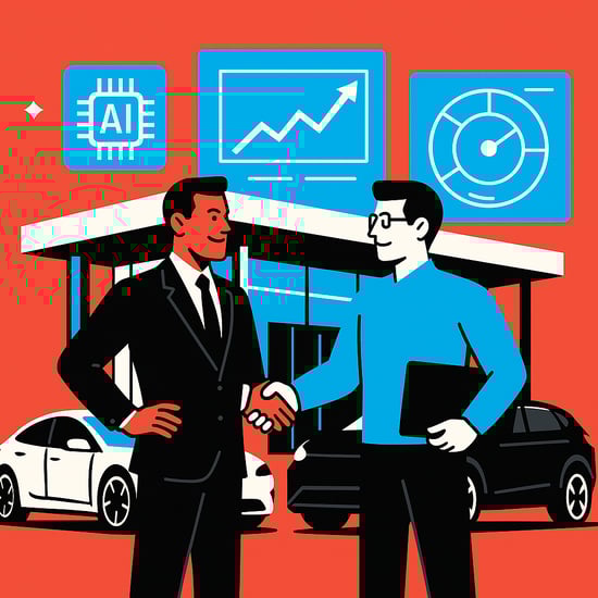Illustration of a car dealer and AI consultant shaking hands in front of a tech-enabled dealership with EVs, charts, and automation icons on a bold red background.