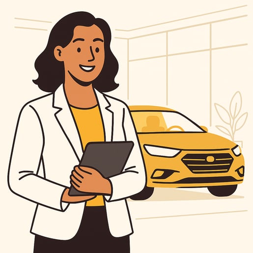 Flat vectorstyle illustration of a professional car dealership saleswoman standing confidently inside a showroom Shes smiling wearing a yellow shirt and white blazer holding a tablet naturally in one hand A car is visible in the background Match the