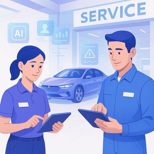 The digital illustration showcases a vibrant car dealership service lane characterized by a sleek modern aesthetic Two professional employees dressed in smart uniforms are engaged in their work utilizing advanced AI tools on their tablets to enhance