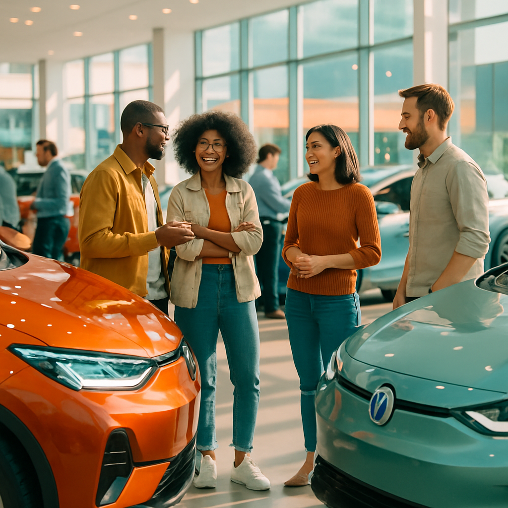 photographic In a bustling automotive dealership a sleek futuristic showroom glows under bright natural lighting A diverse group of customers animated