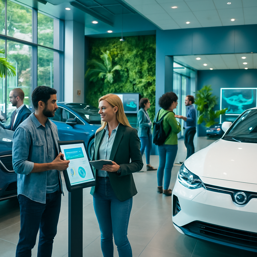 photographic In a bustling automotive dealership a vibrant ecosystem unfolds showcasing innovative technology and customer engagement Sleek electric v