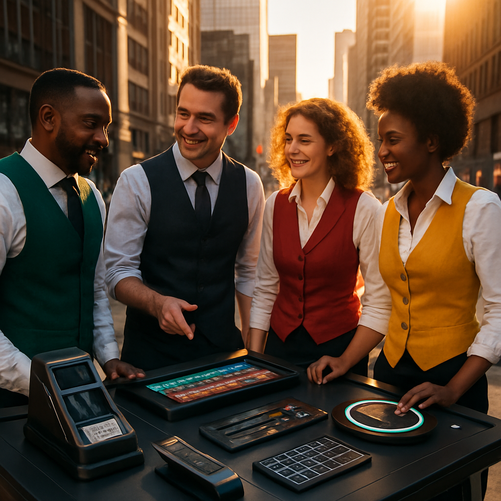 photographic In a bustling urban environment a group of confident dealers gathers around a sleek hightech table filled with innovative tools designed