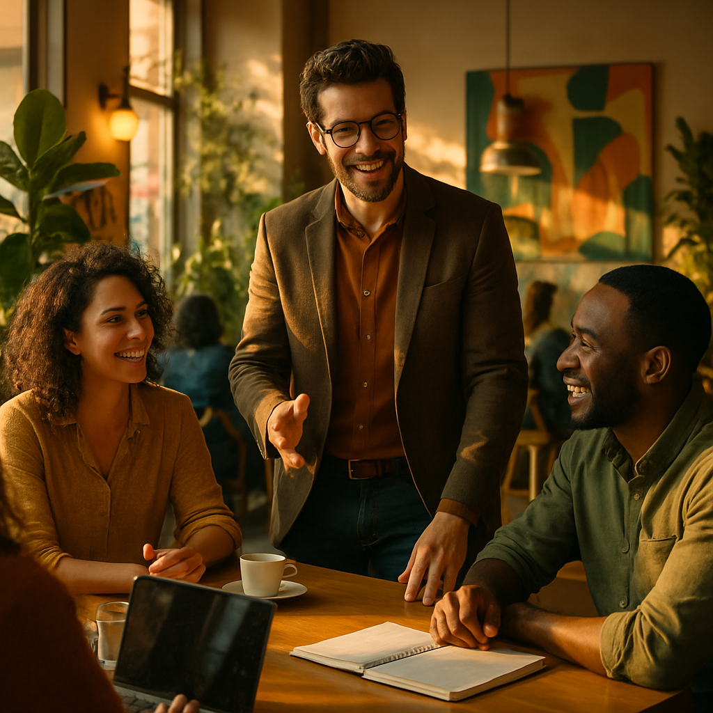 photographic In a sunlit bustling caf a charismatic founder stands confidently at a sleek wooden table engaging passionately with a small group of div
