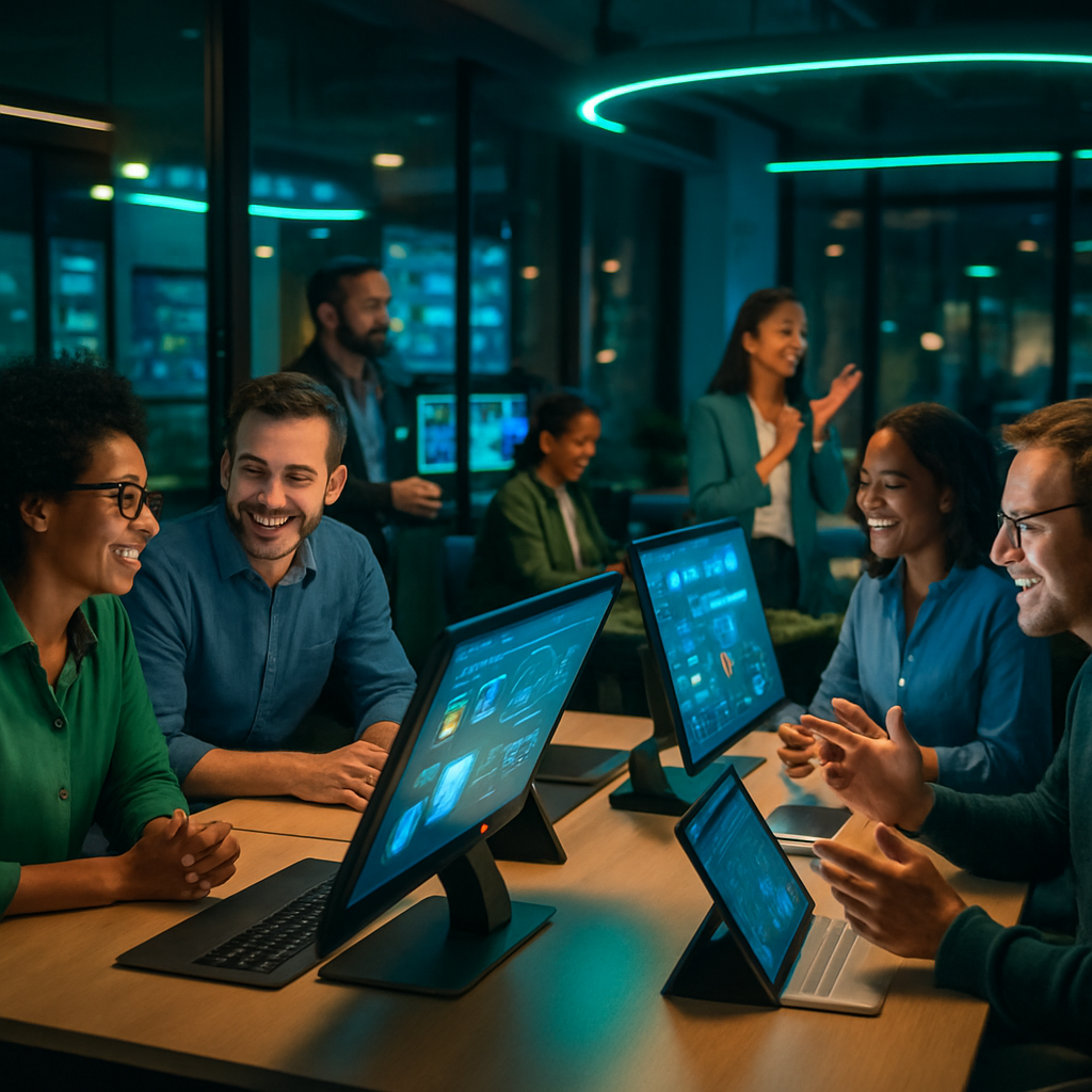 photographic Smarter workflows emerge in a vibrant futuristic office space buzzing with activity where diverse teams collaborate around sleek hightech-1