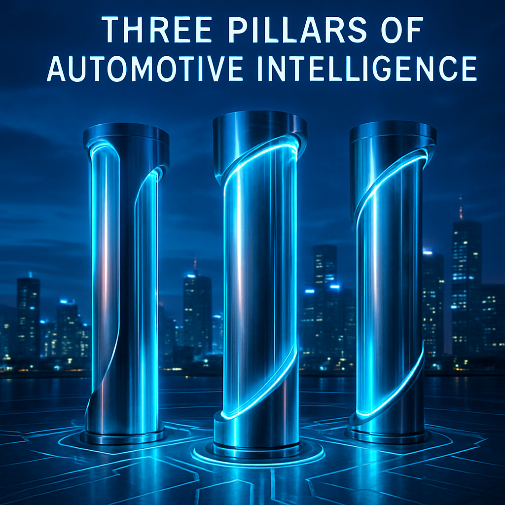 photographic Visualize an abstract representation of the Three Pillars of Automotive Intelligence where each pillar is depicted as a sleek futuristic-1