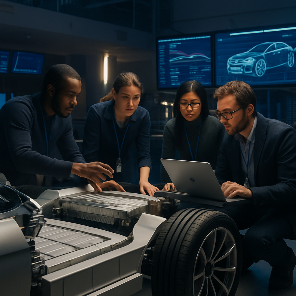 photographic In a bustling automotive innovation lab a diverse team of engineers and designers collaborate passionately on the latest electric vehicle photographic In a bustling automotive innovation lab a diverse team of engineers and designers collaborate passionately on the latest electric vehicle